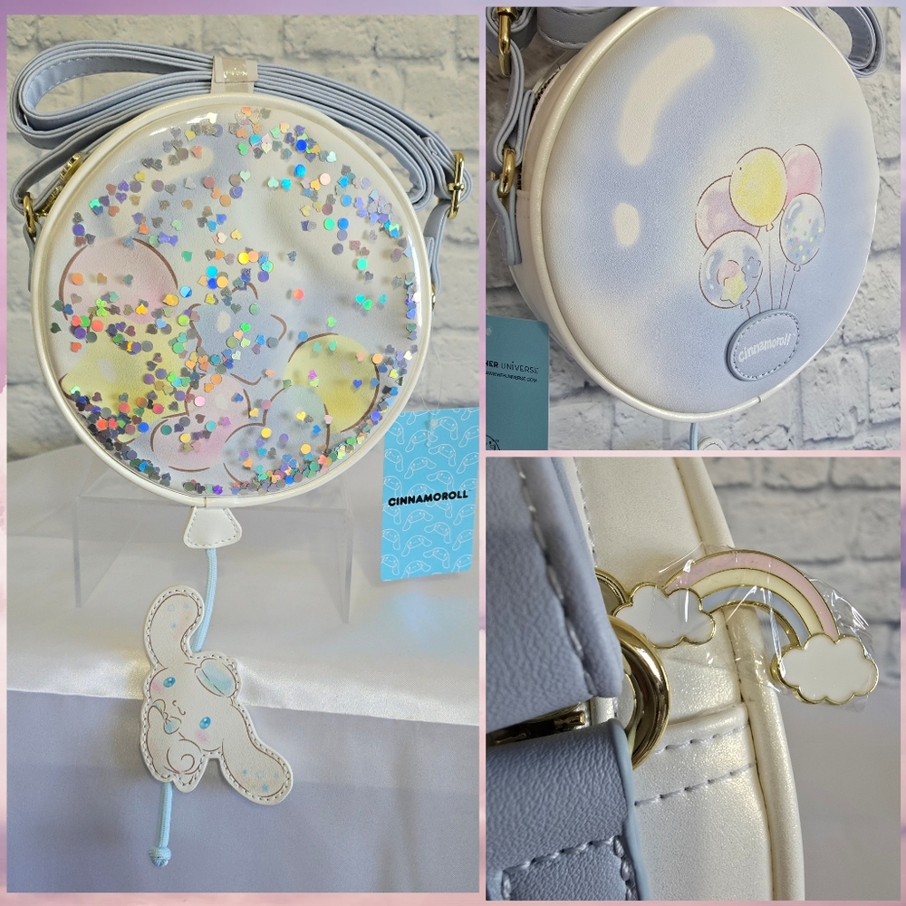 Sanrio Cinnamoroll Hello Kitty Glittery Sequin White Balloon Crossbody Bag New